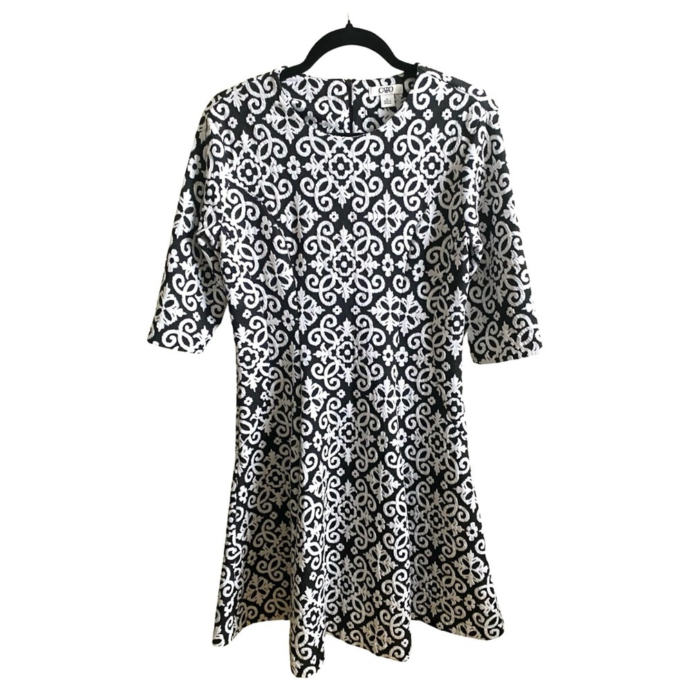 Cato Fit Flare Dress 8 Black White Knee Length Stretch 3/4 Sleeves